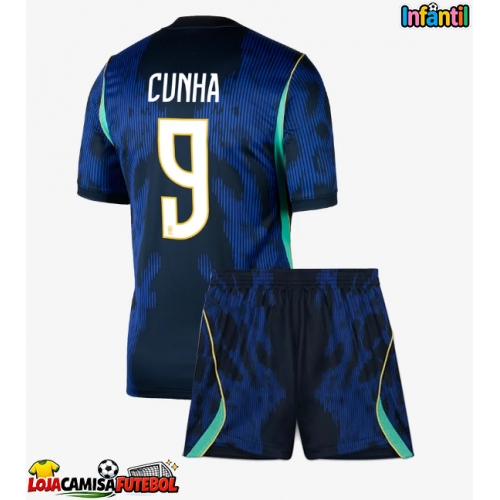 Camisa de Futebol Brasil Matheus Cunha #9 Equipamento Secundário Infantil Mundo 2026 Manga Curta (+ Calças curtas)